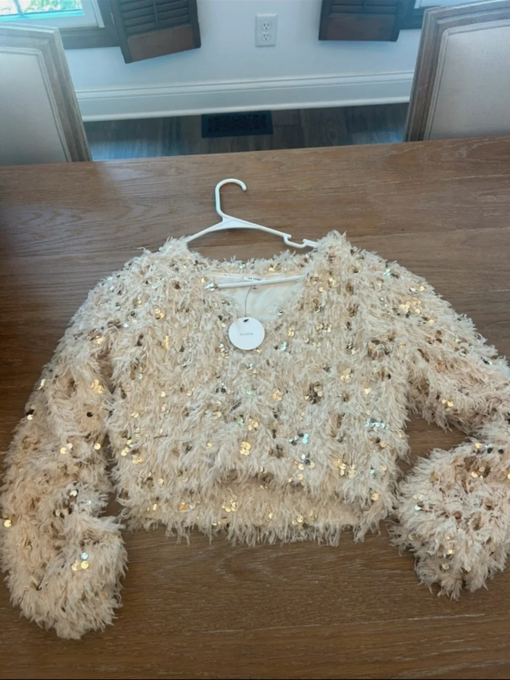 Shaggy Sequin Crop v neck sweater - Cream